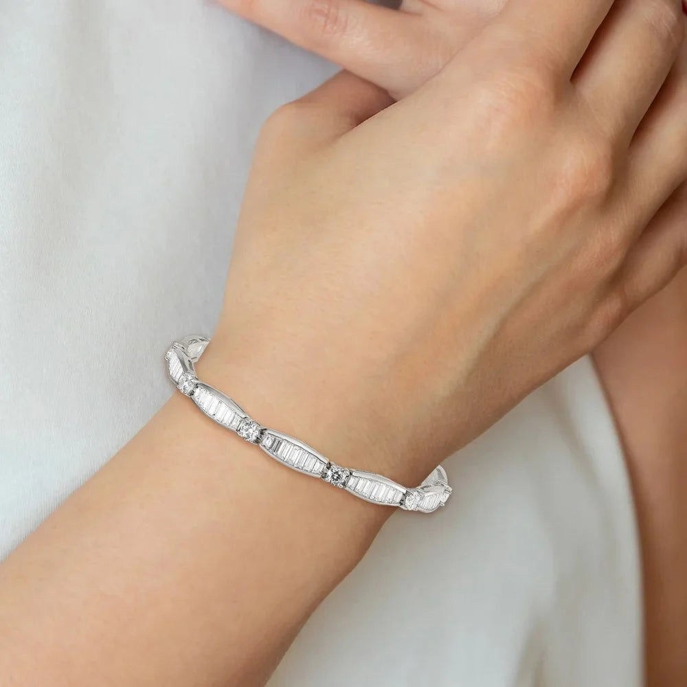 Rhodium-plated Silver Bracelet Baguette Sterling Round CZ QQX400CZ and