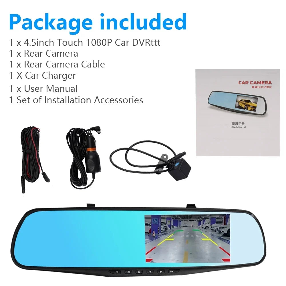 HD 4.3" Car NIFFPD Mirror Video Recorder Cam Dual Camera DVR，Dash Lens 1080P Rearview