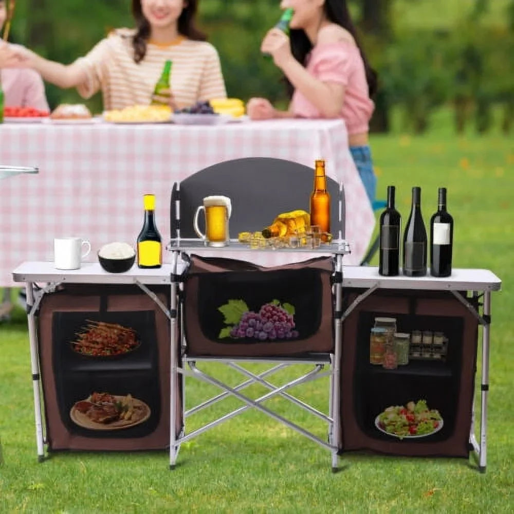 Camping Rack Portable Table Folding Kitchen Storage Table Cooking Cabinet Picnic