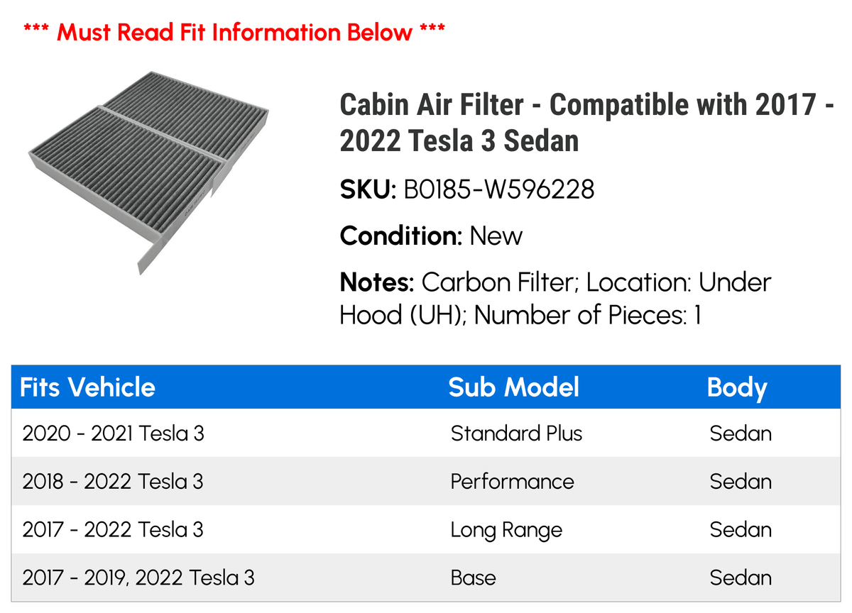 2018 Sedan 3 Filter 2021 - 2017 Compatible 2020 Tesla Cabin 2022 with Air 2019 -