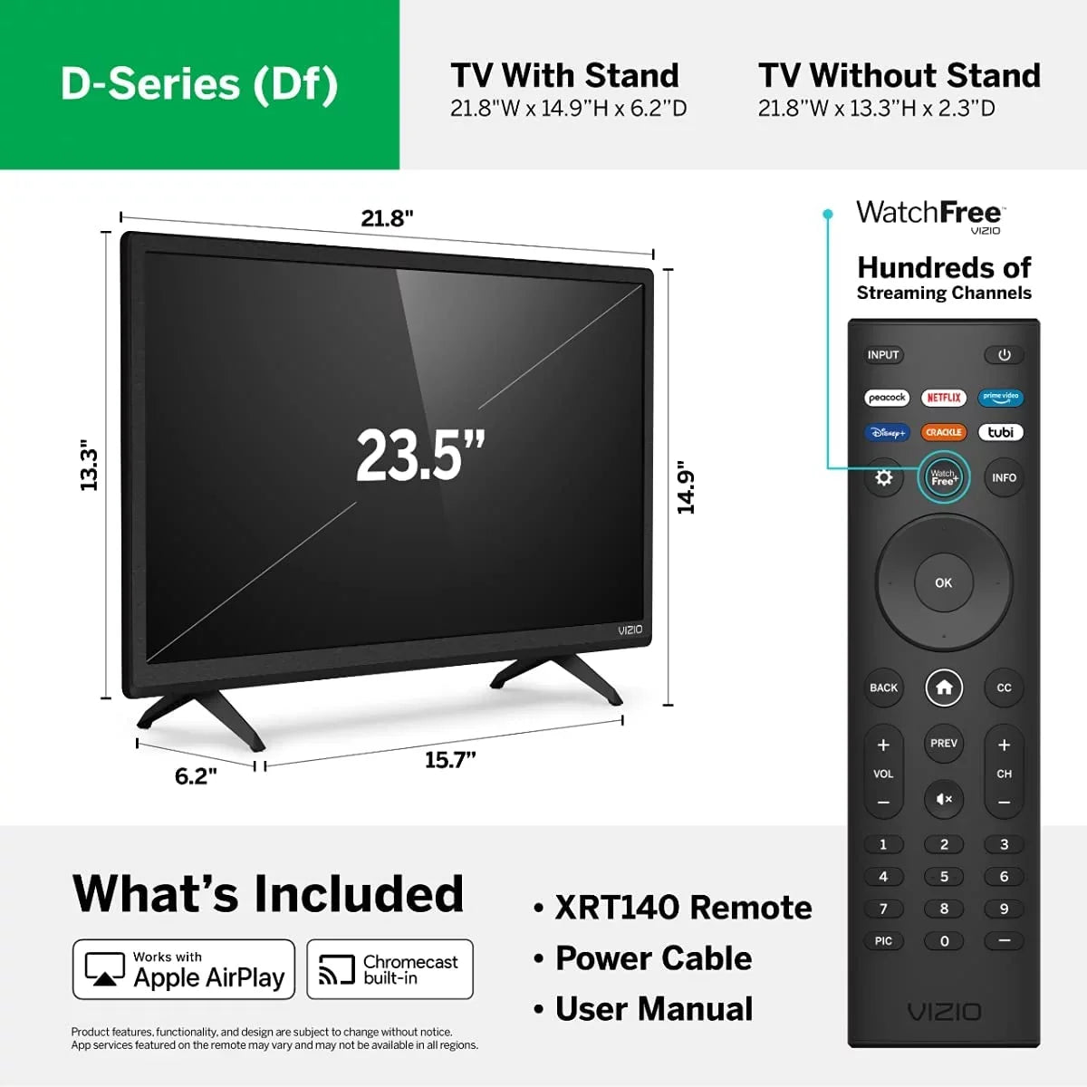Full Control, 24-inch Built-in, Voice Bundle Microfiber HD with Mirroring, Chromecast Free (D24f) and and with & Smart AirPlay Ties 150+ Channels Streaming VIZIO 1080p D-Series TV Cable Screen