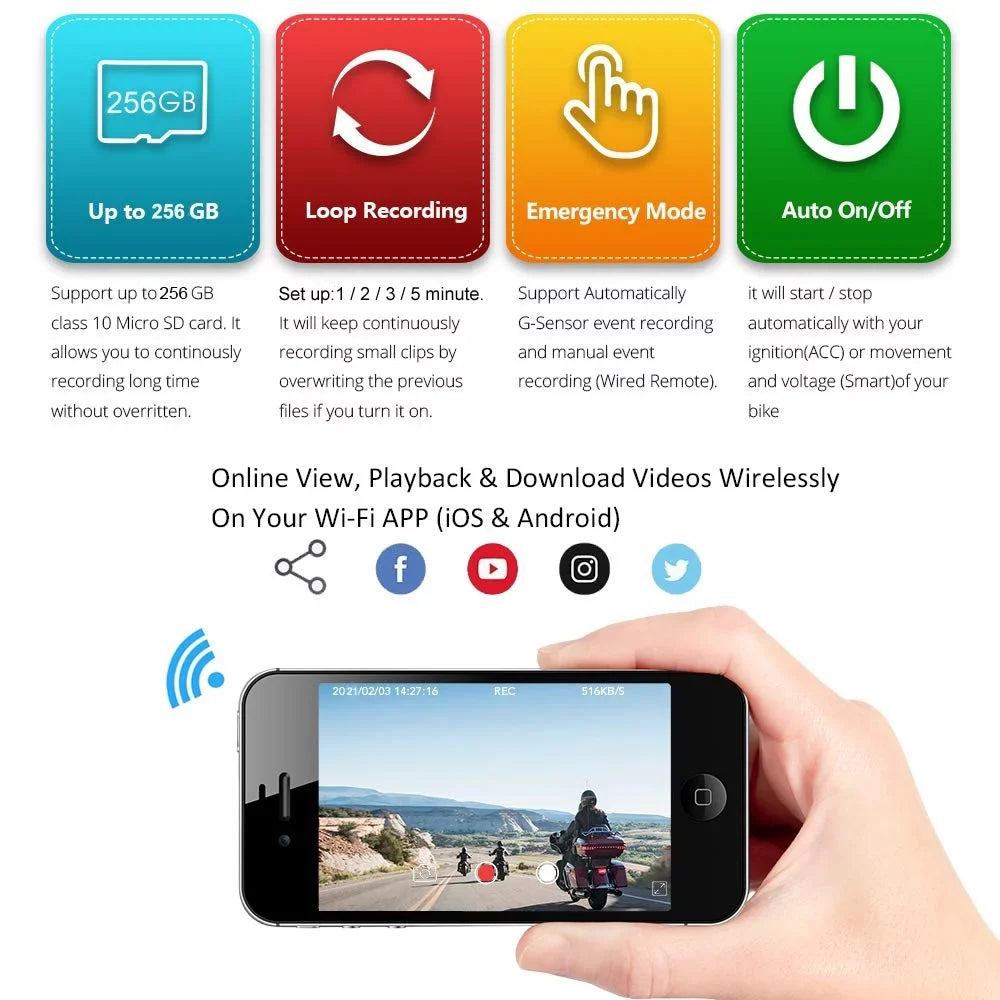 Camera, Motorcycle Fish VSYSTO Body Night HD Rear Vision, Recording, Angle G-sensor 150° Dash Full Eye Cam, Loop 1080P WDR, Lens 2 SonyIMX307 Front and Waterproof Inch Wide Screen