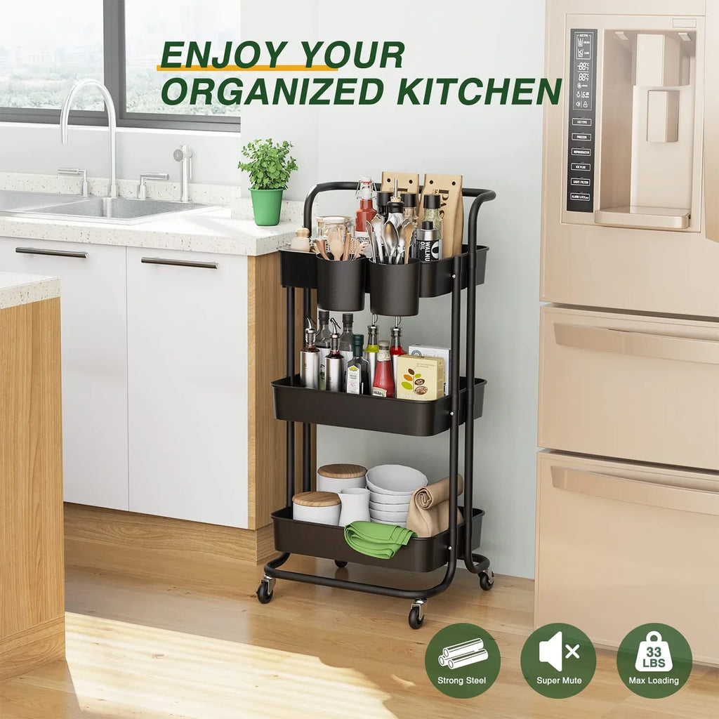 Handle Cart, Wheels3-Tier, Annvchi Storage Office for Trolley, Rolling Storage Multifunctional Room with Utility with Shelves Storage Multi-Functional Cart Kitchen Black Organizer Living