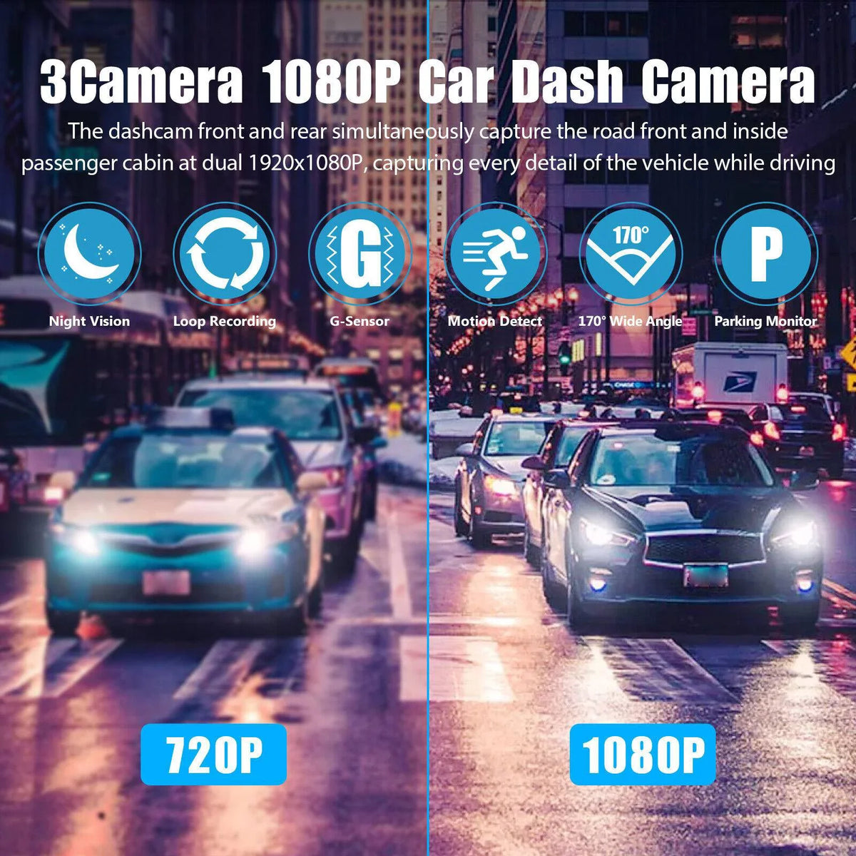 Cam Car G-sensor HD Dash Lens Recorder Dual Front/Rear/Inside Camera Video 1080P