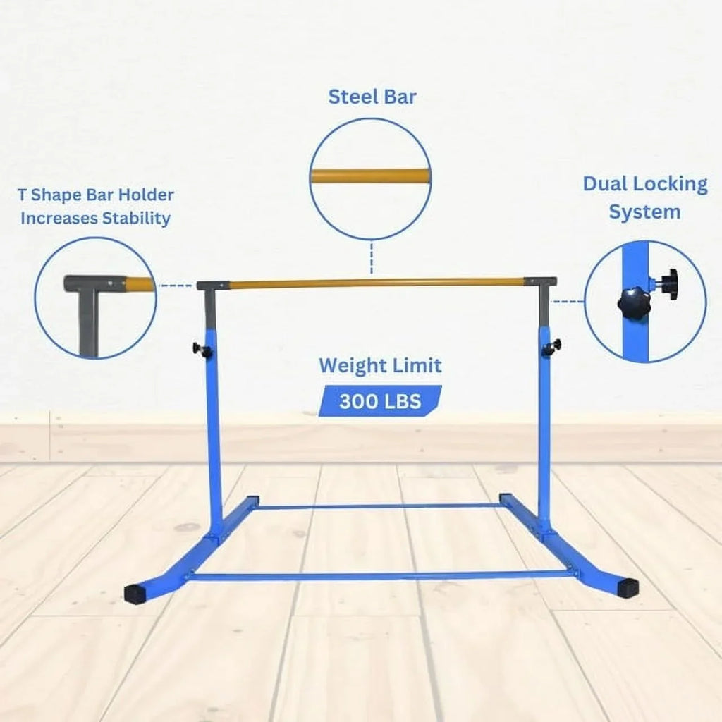 FT Bar, Adjustable Kip Junior Training Height, Kids Equipment - Blue Home Legs, Gymnastics Robust 3-5