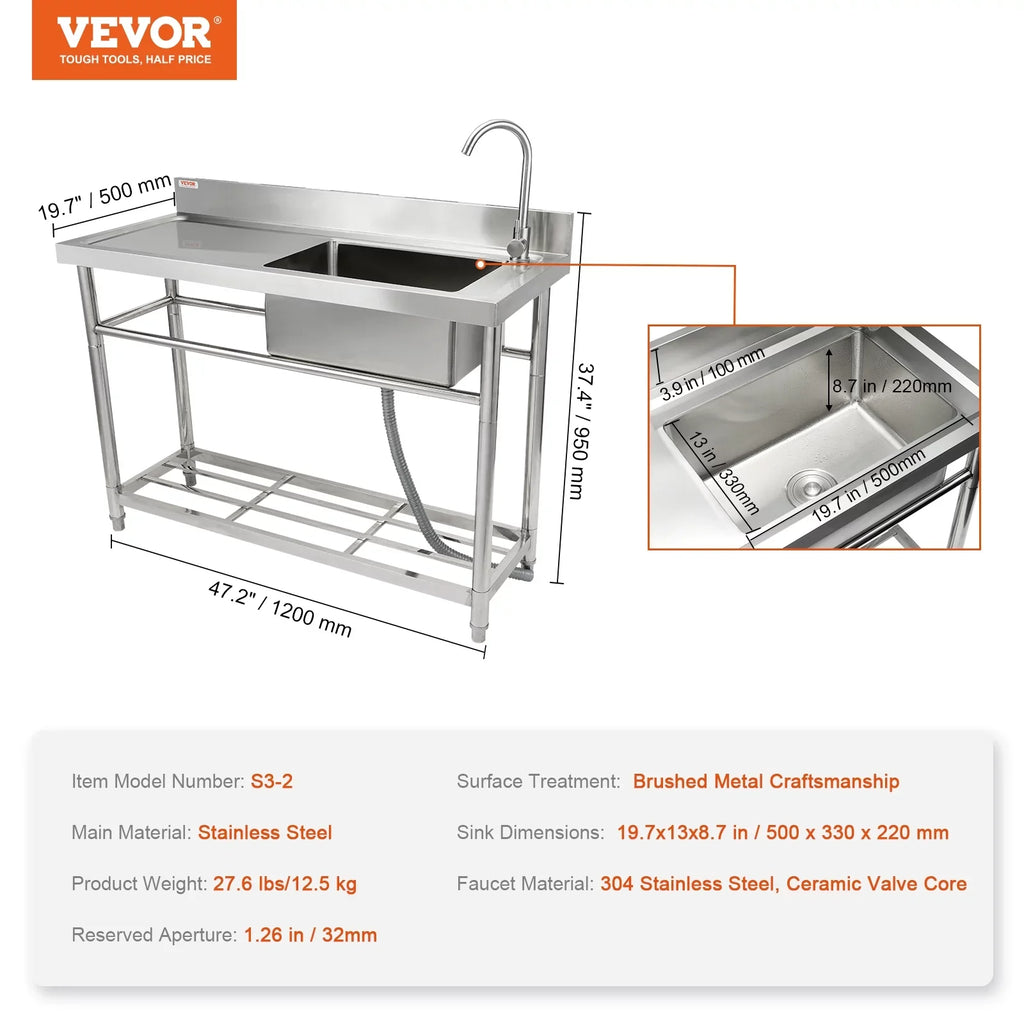 Single Commercial Prep 47.2x19.7x37.4 BENTISM Utility Bowl & in Sink w/Workbench