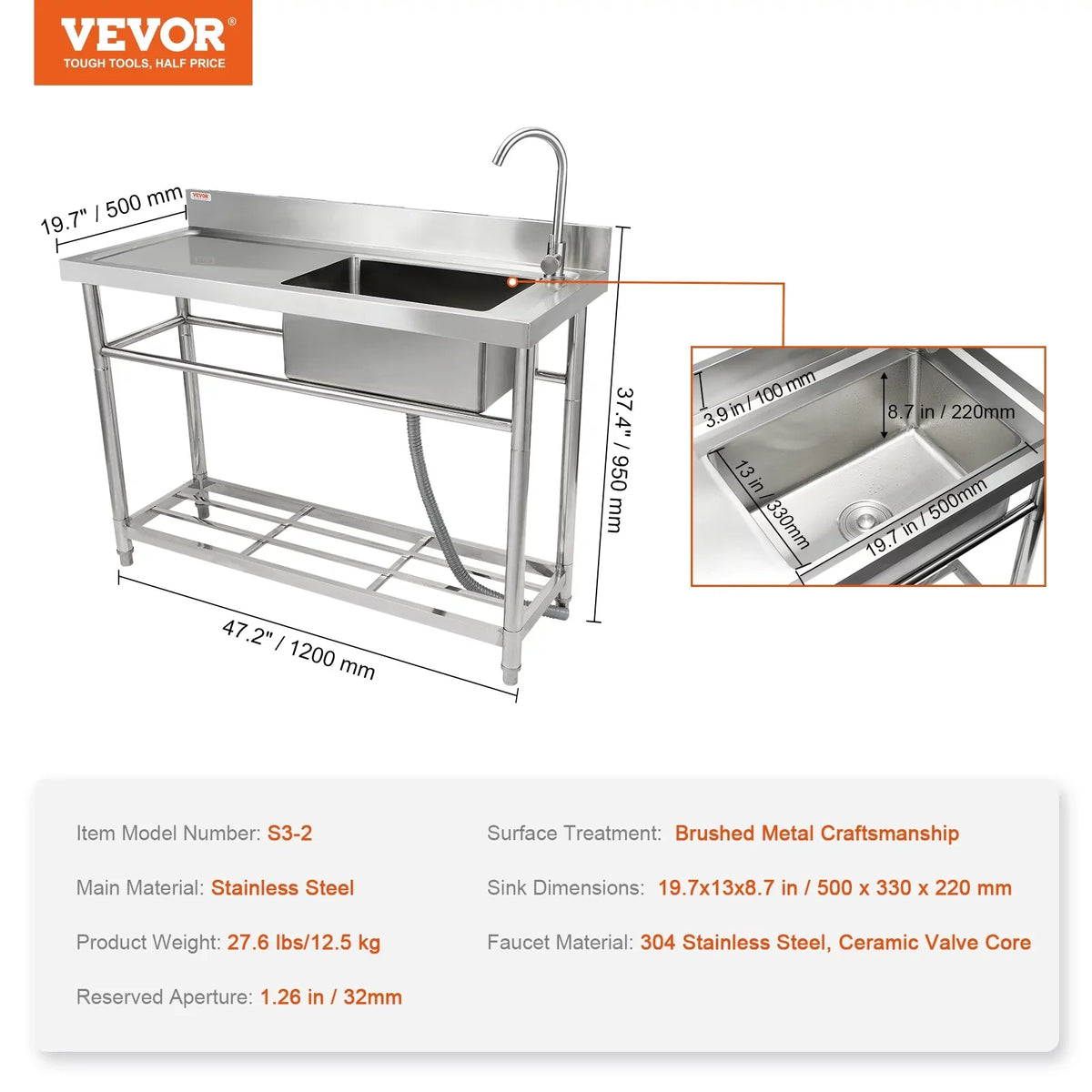 Single Commercial Prep 47.2x19.7x37.4 BENTISM Utility Bowl & in Sink w/Workbench