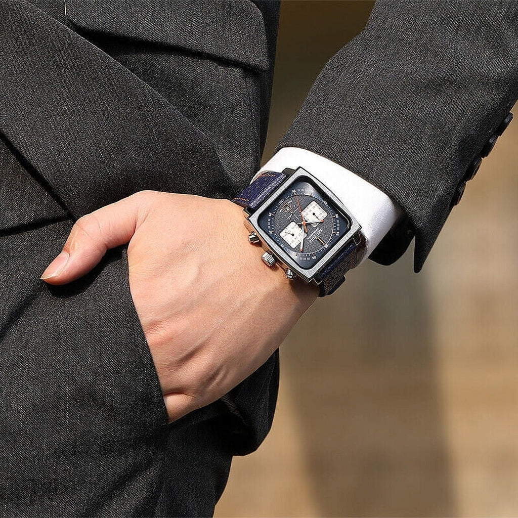 Square Quartz - KingFurt Date Waterproof Men's Watch - Leather Dial MEGIR Luminous, Display Blue Watch