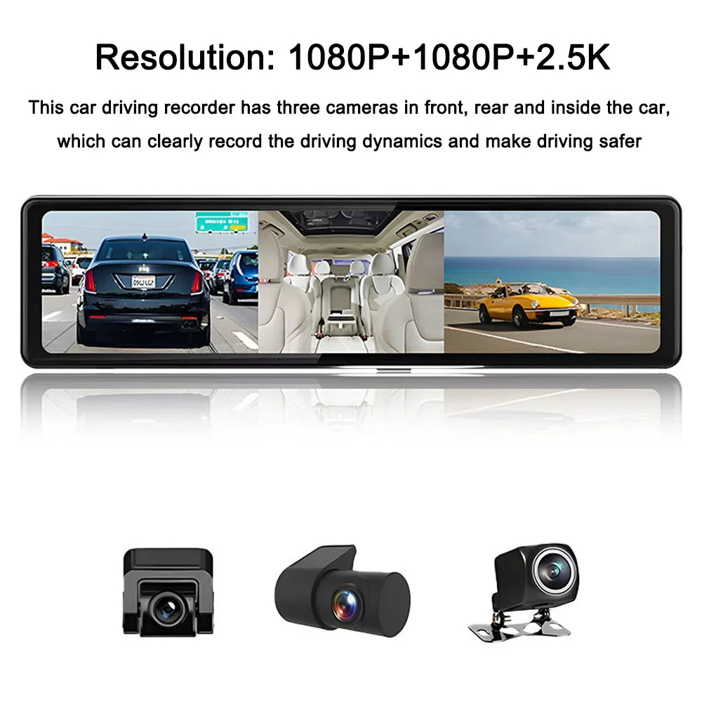 Video Cam Clear 3 Andoer Recorder Driving Recording 2.5K Auto Carplay Screen Recorder Mirror 12in Car Touched Car Dash Car Rearview Cameras