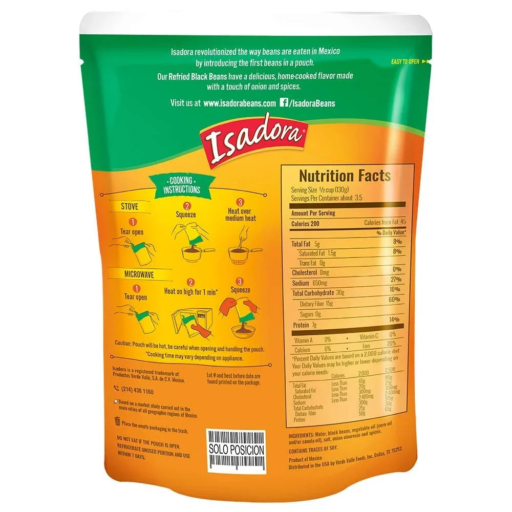 Pouch Beans, 15.2oz Refried 6 Isadora (Black Pack) Beans