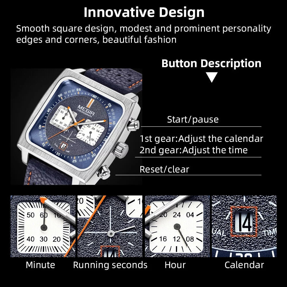 Square Quartz - KingFurt Date Waterproof Men's Watch - Leather Dial MEGIR Luminous, Display Blue Watch