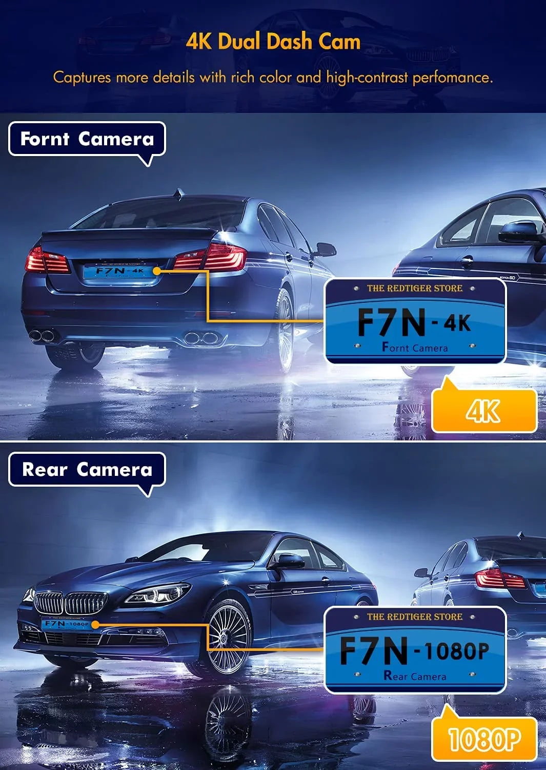 4K+1080P 3" Car Cam with Camera for 256GB and Dash Parking Dash Front Dash Rear Monitor, Support Dual Cam Cars,