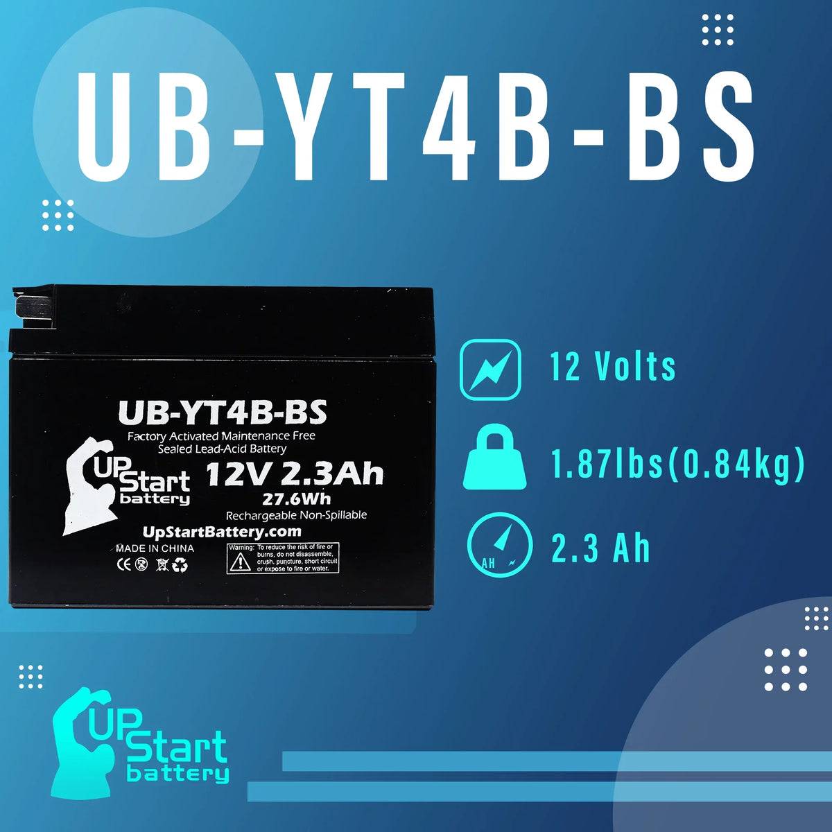 Maintenance 4-Pack 2.3Ah, Replacement 110CC Motorcycle UB-YT4B-BS for UpStart Yamaha Free, 2015 - Activated, 12V, Factory TTR110E Battery Battery