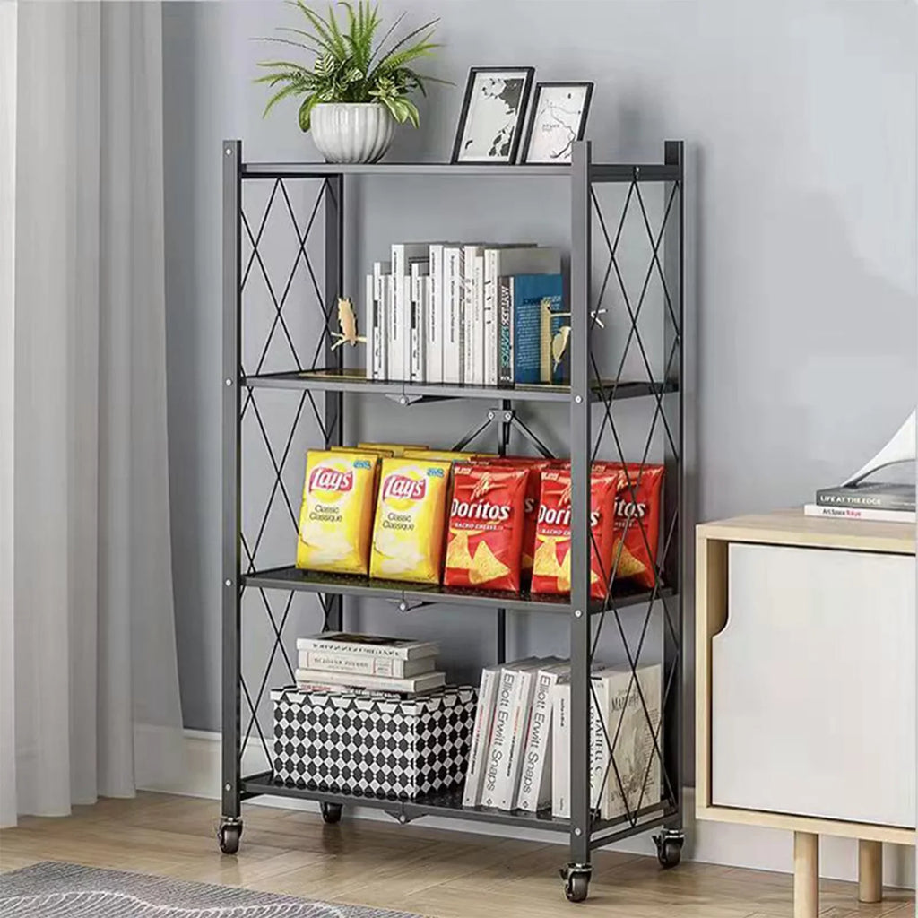 SUGIFT Kitchen Foldable Duty Heavy Black 3 4-Tier Shelf, Shelf Metal Shelf, with Storage Hooks,