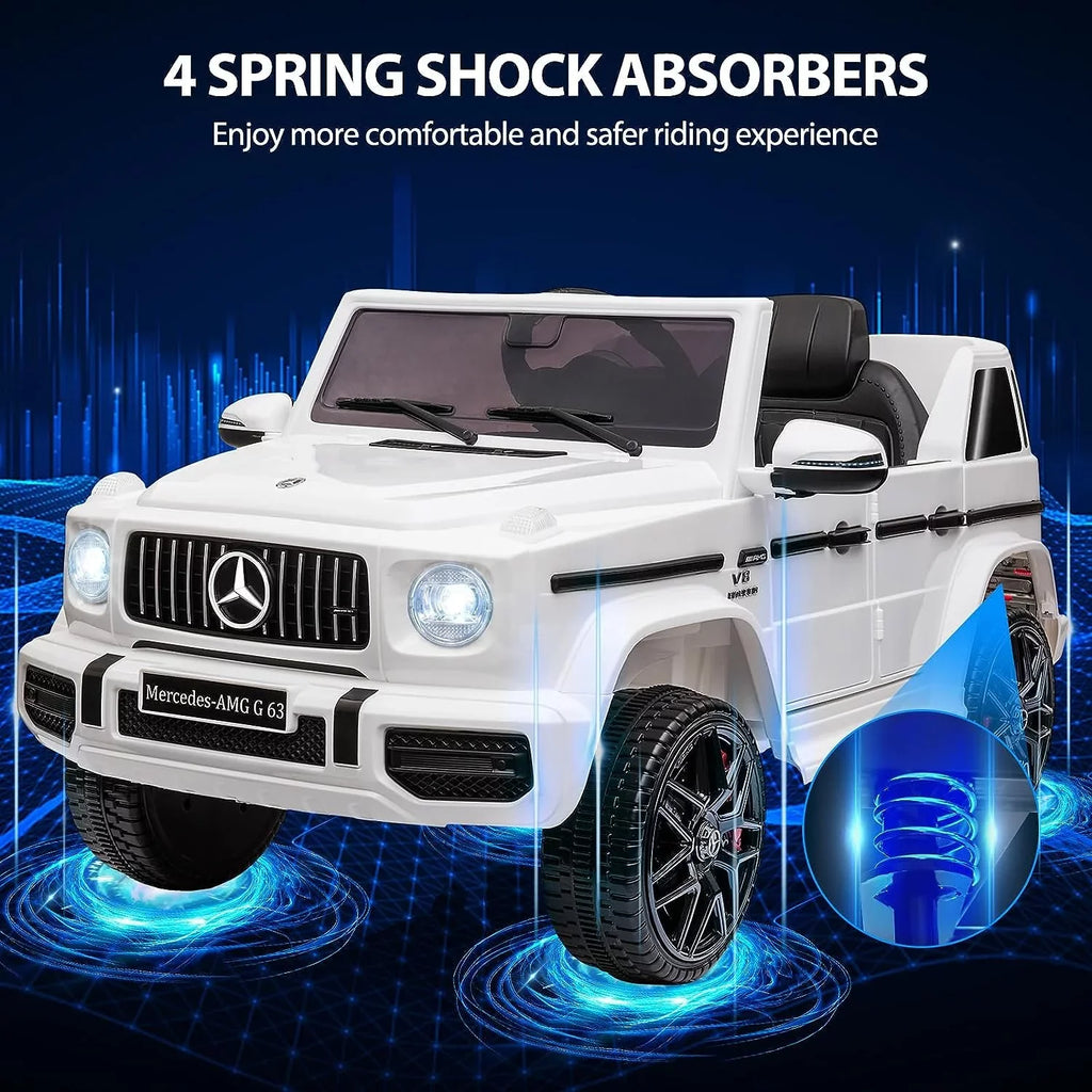 Vehicle, on G63 Benz Lock Car, Suspension, Ride Horn, AUX, Electric Bluetooth, Kids White Electric Powered Music, Safety 12V Spring Mercedes Light, Battery LED Car w/Remote Licensed Control,