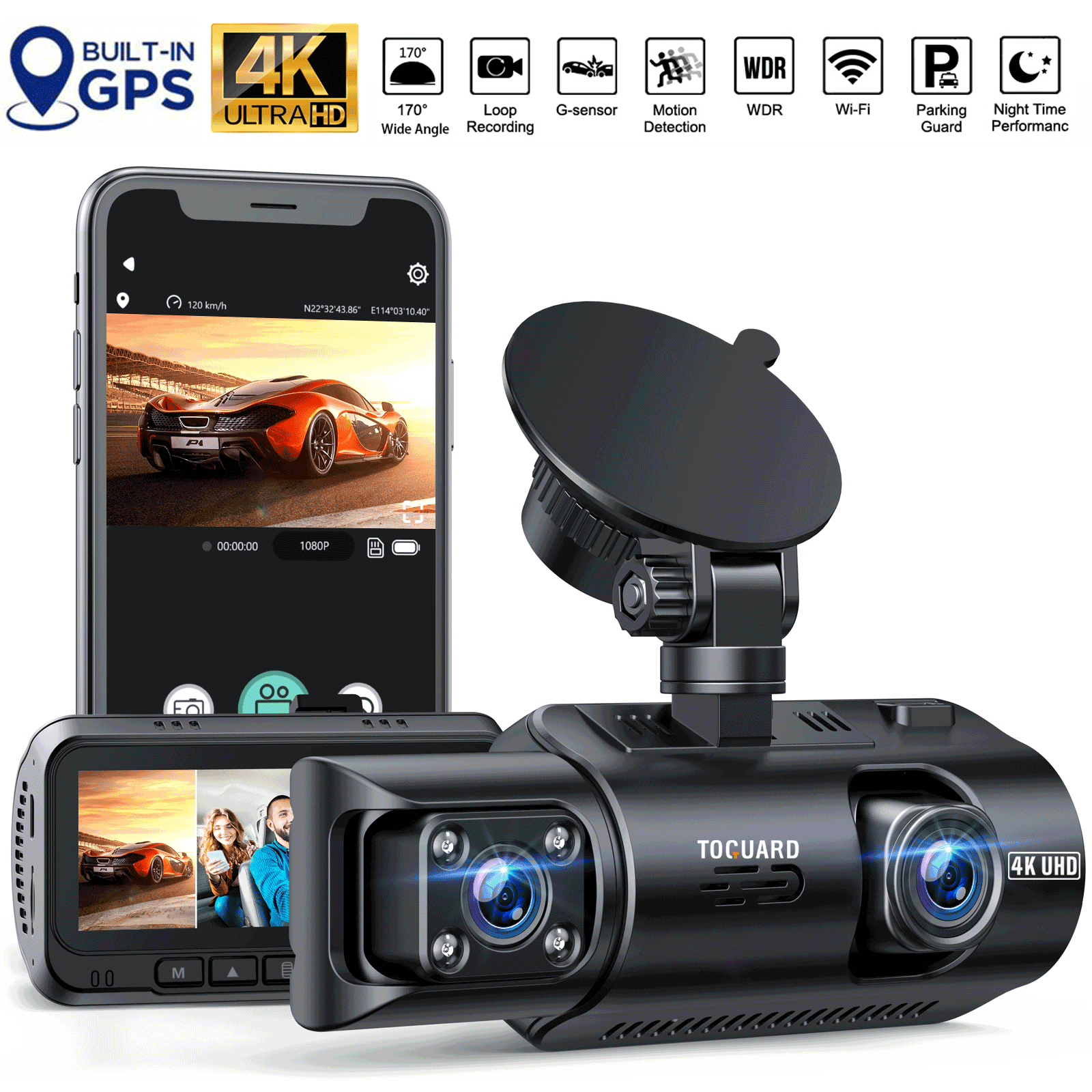 Front Dual IR Dash Max, and Camera 3.16" Support 4K Wide 170° Display, Vision, GPS Cam TOGUARD 256GB Black Angle, Night Inside Dash with Car