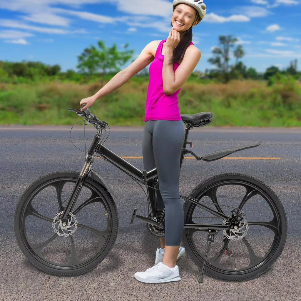 Mountain Frame Brake City Men for 26" Women 21-Speed Shifter Bike, Steel Double Adjustable Bicycle Folding Black Height & Disc