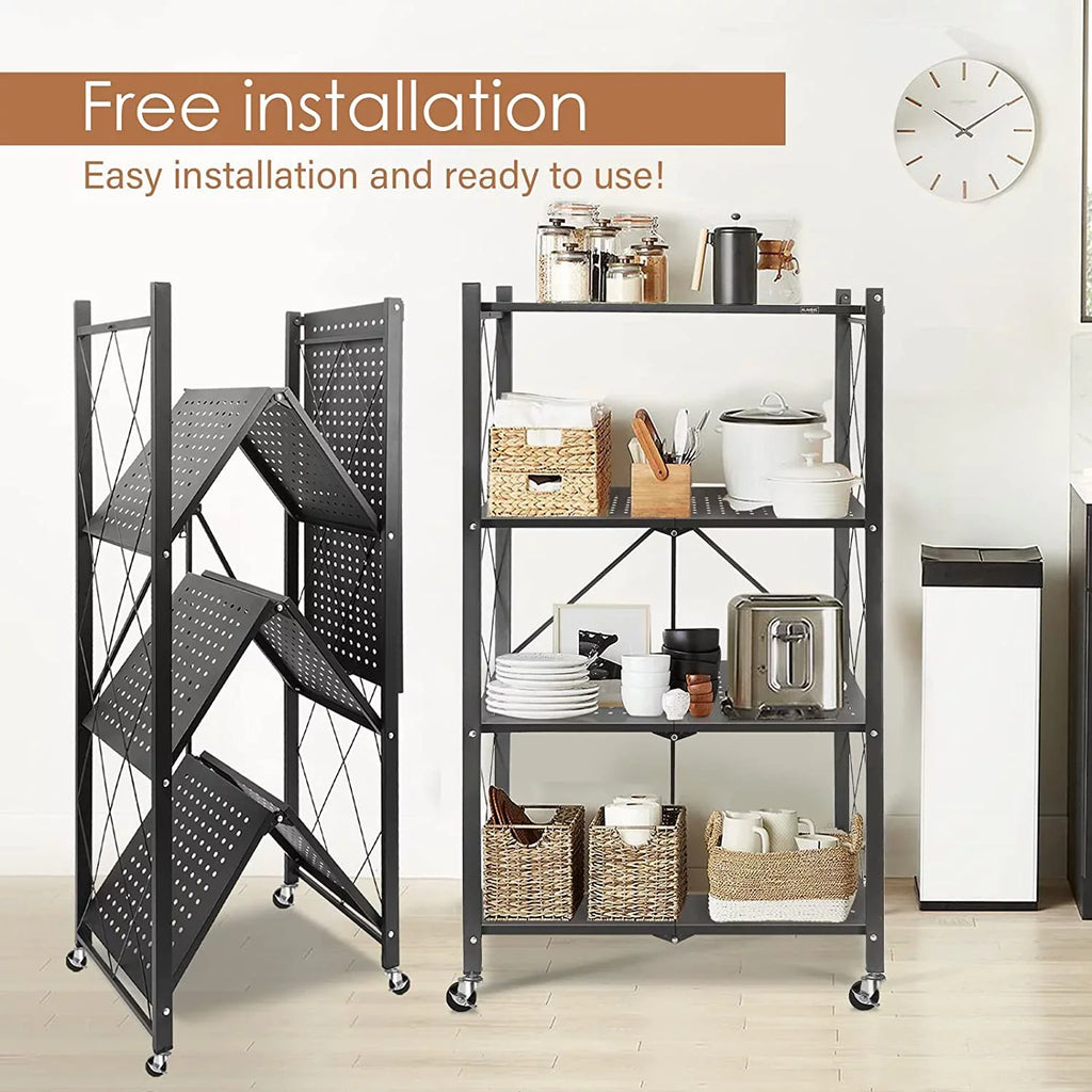SUGIFT Kitchen Foldable Duty Heavy Black 3 4-Tier Shelf, Shelf Metal Shelf, with Storage Hooks,