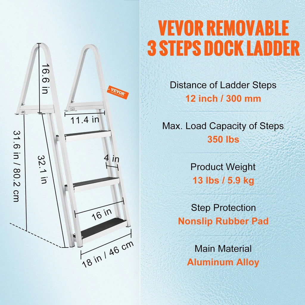 for & 4'' Marine Installation Access - Alloy lbs Dock Wide Simple Nonslip Boats, Lakes, VEVOR Removable Ladder 3-Step Steps, Aluminum 350 Pools with Capacity,