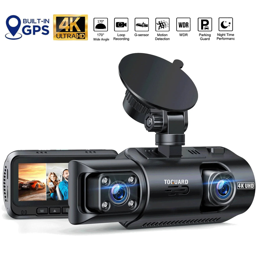 Front Dual IR Dash Max, and Camera 3.16" Support 4K Wide 170° Display, Vision, GPS Cam TOGUARD 256GB Black Angle, Night Inside Dash with Car