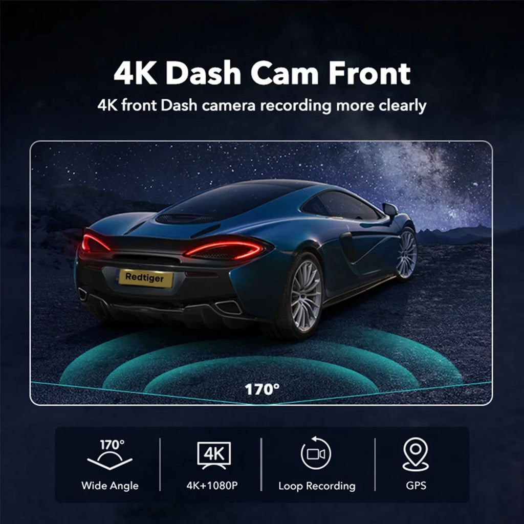 4K Wi-Fi 2160P Dash LCD Screen, Camera, UHD 4K Parking with & 24H Camera 3.18" Dash Black GPS, Car Cam, REDTIGER Monitor,