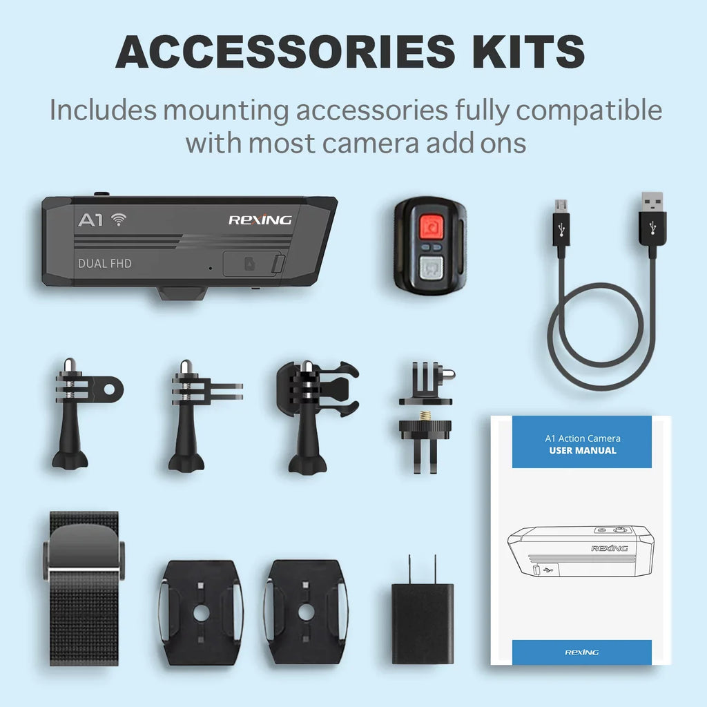 Camera Action Connect & Way Front Back 1080p@30fps A1 with Rexing Two Wi-Fi
