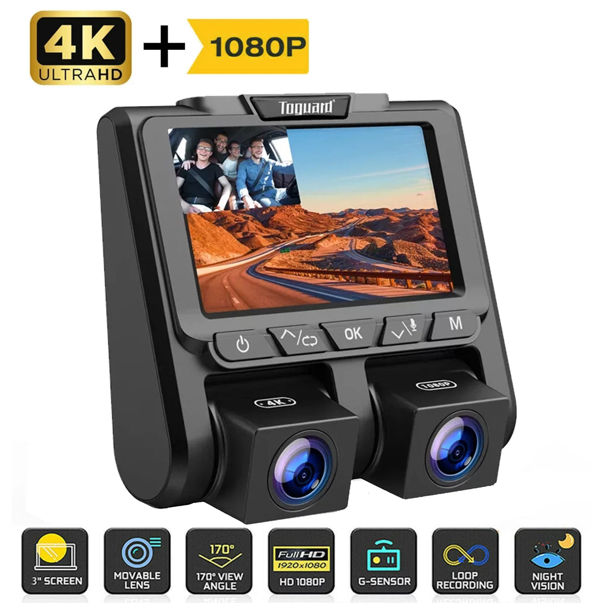 Recording Front 4K+1080P G-Sensor 4K Mode Inside TOGUARD 3" Car Cam and Loop LCD Camera Camera Dash Screen Dash Parking