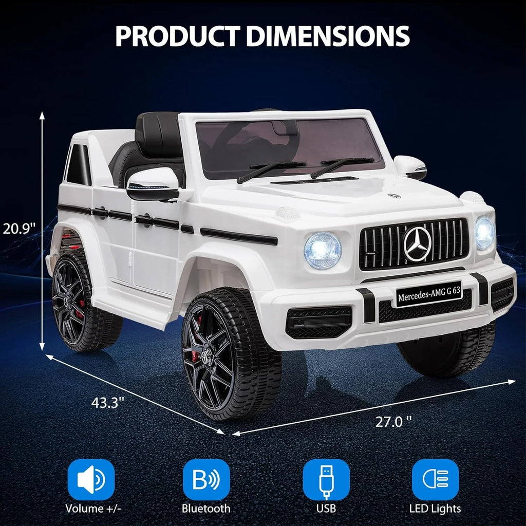 Vehicle, on G63 Benz Lock Car, Suspension, Ride Horn, AUX, Electric Bluetooth, Kids White Electric Powered Music, Safety 12V Spring Mercedes Light, Battery LED Car w/Remote Licensed Control,