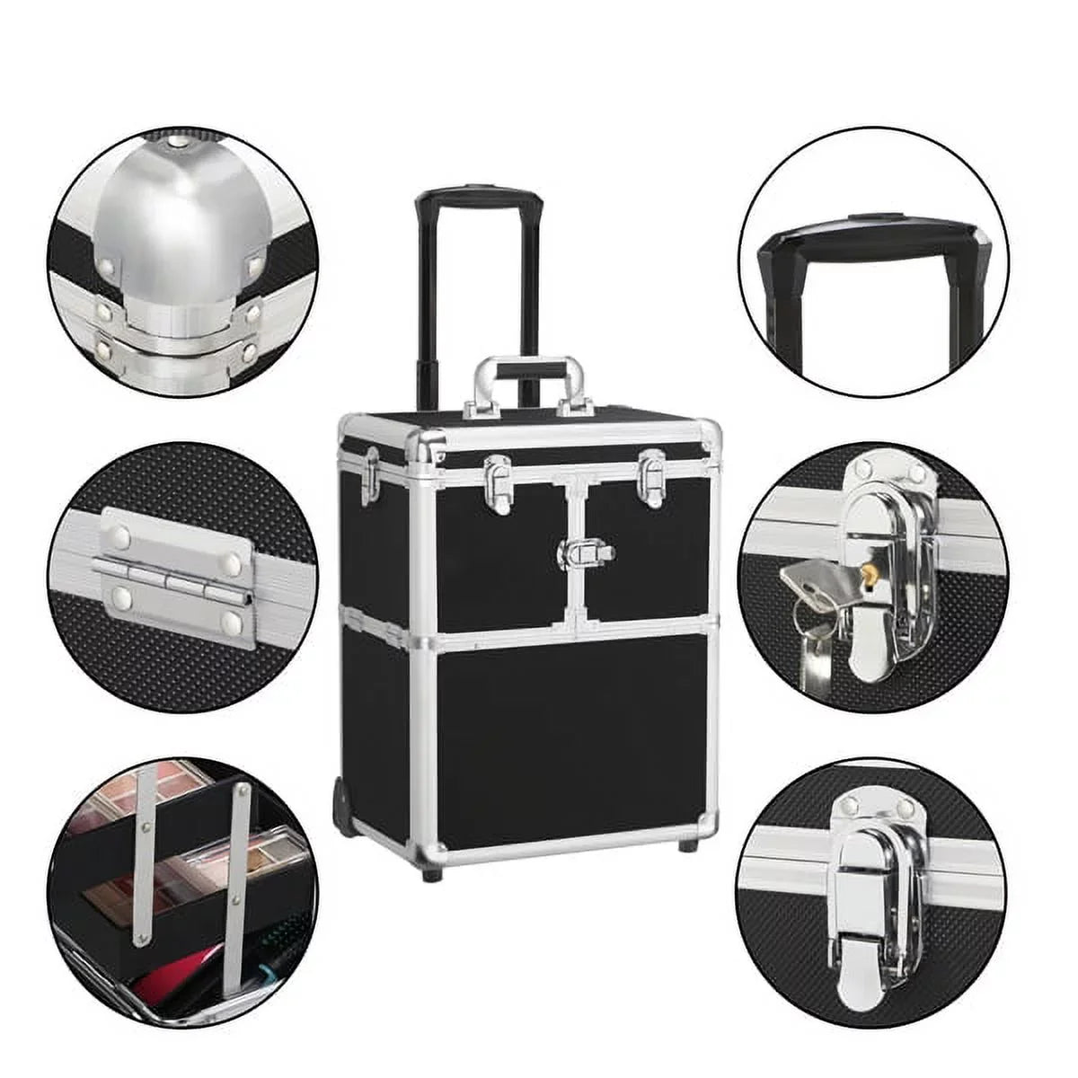 & Design Rolling Case Trolley with Retractable Alden Mirror, Trays, Makeup Wheels, Black