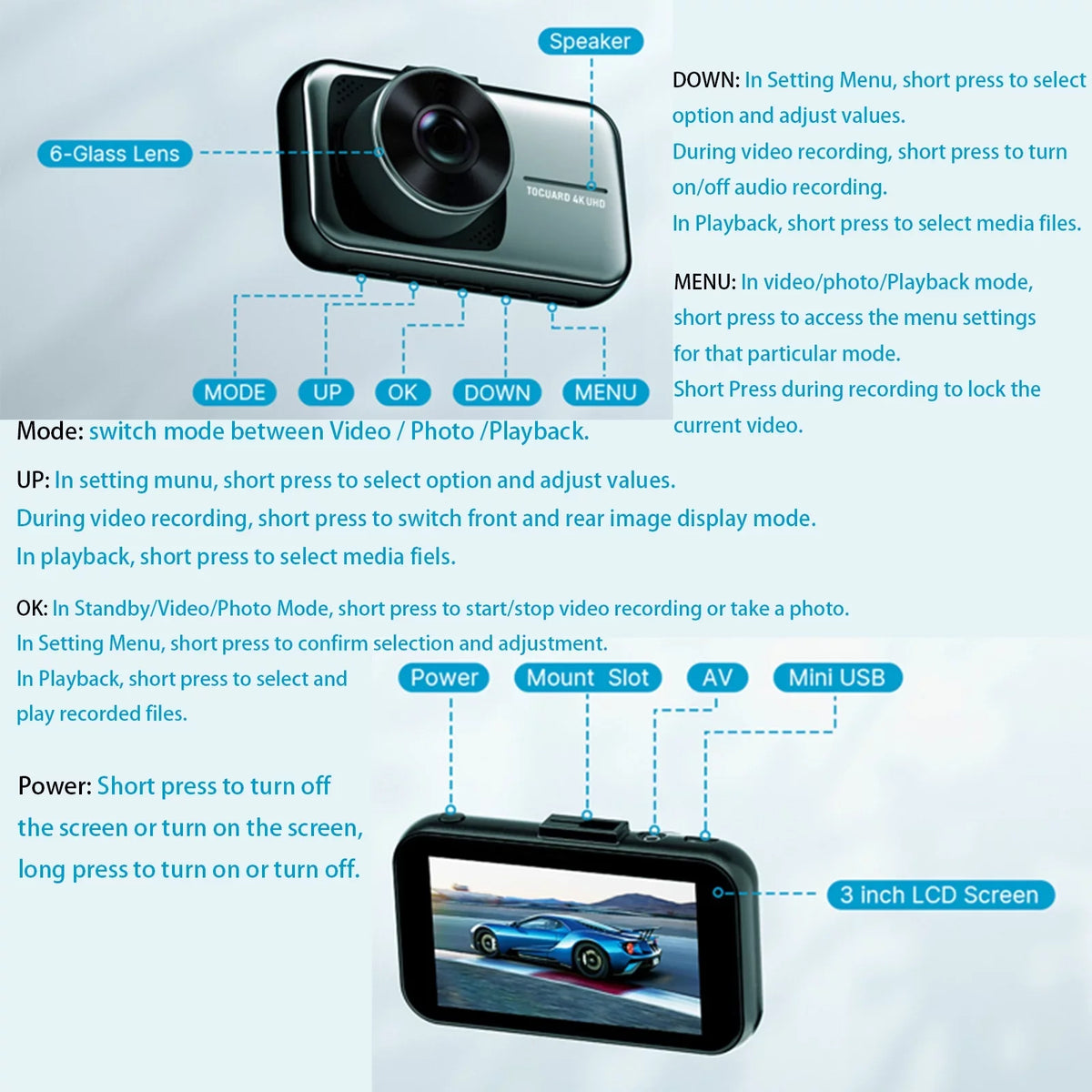 4K+1080P 3" Car Cam with Camera for 256GB and Dash Parking Dash Front Dash Rear Monitor, Support Dual Cam Cars,
