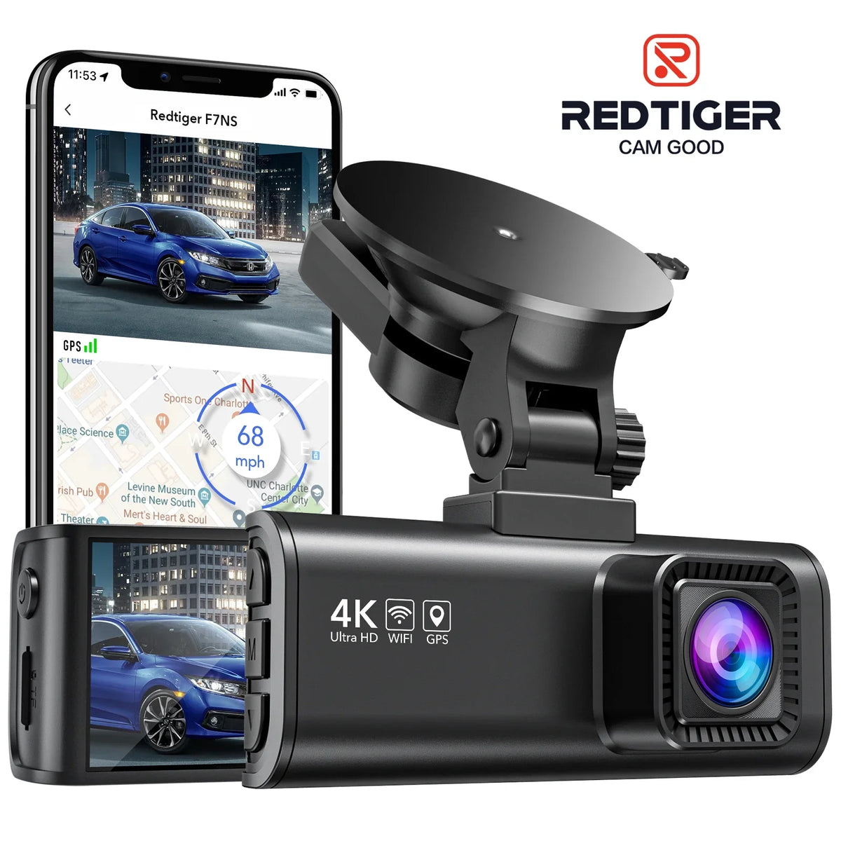 4K Wi-Fi 2160P Dash LCD Screen, Camera, UHD 4K Parking with & 24H Camera 3.18" Dash Black GPS, Car Cam, REDTIGER Monitor,