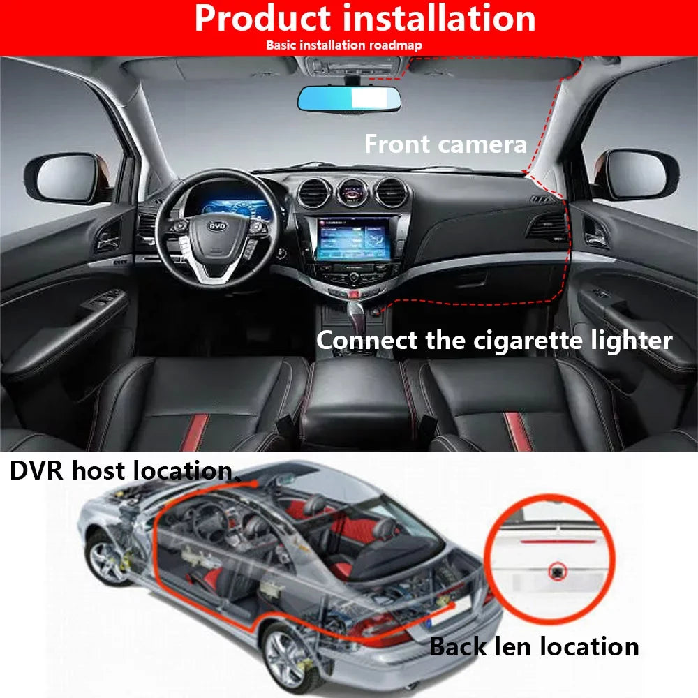 HD 4.3" Car NIFFPD Mirror Video Recorder Cam Dual Camera DVR，Dash Lens 1080P Rearview