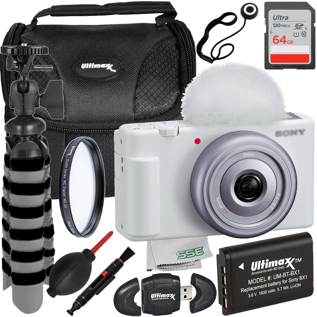 & Ultimaxx (White) Card, Ultra - ZV-1F Bundle More Bundle) Replacement Filter 64GB Starter Camera Includes: UV Battery, Sony Memory (15pc Protective