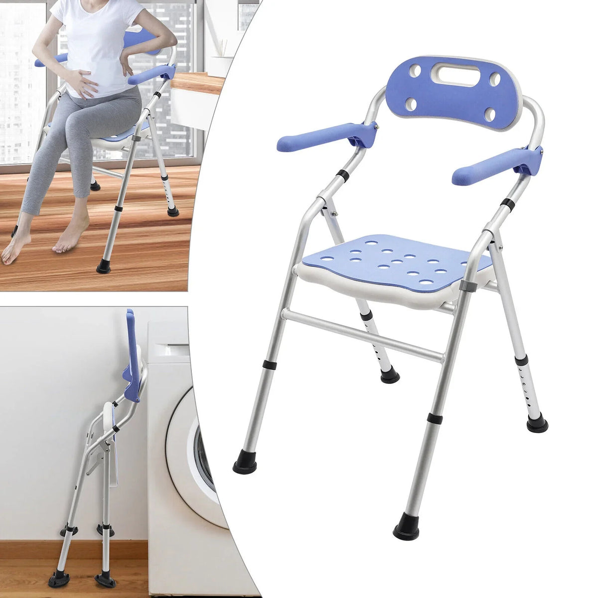 Chair 330lbs Shower New Back with & Adjustable Bench Height Arms Folding Seats Bath