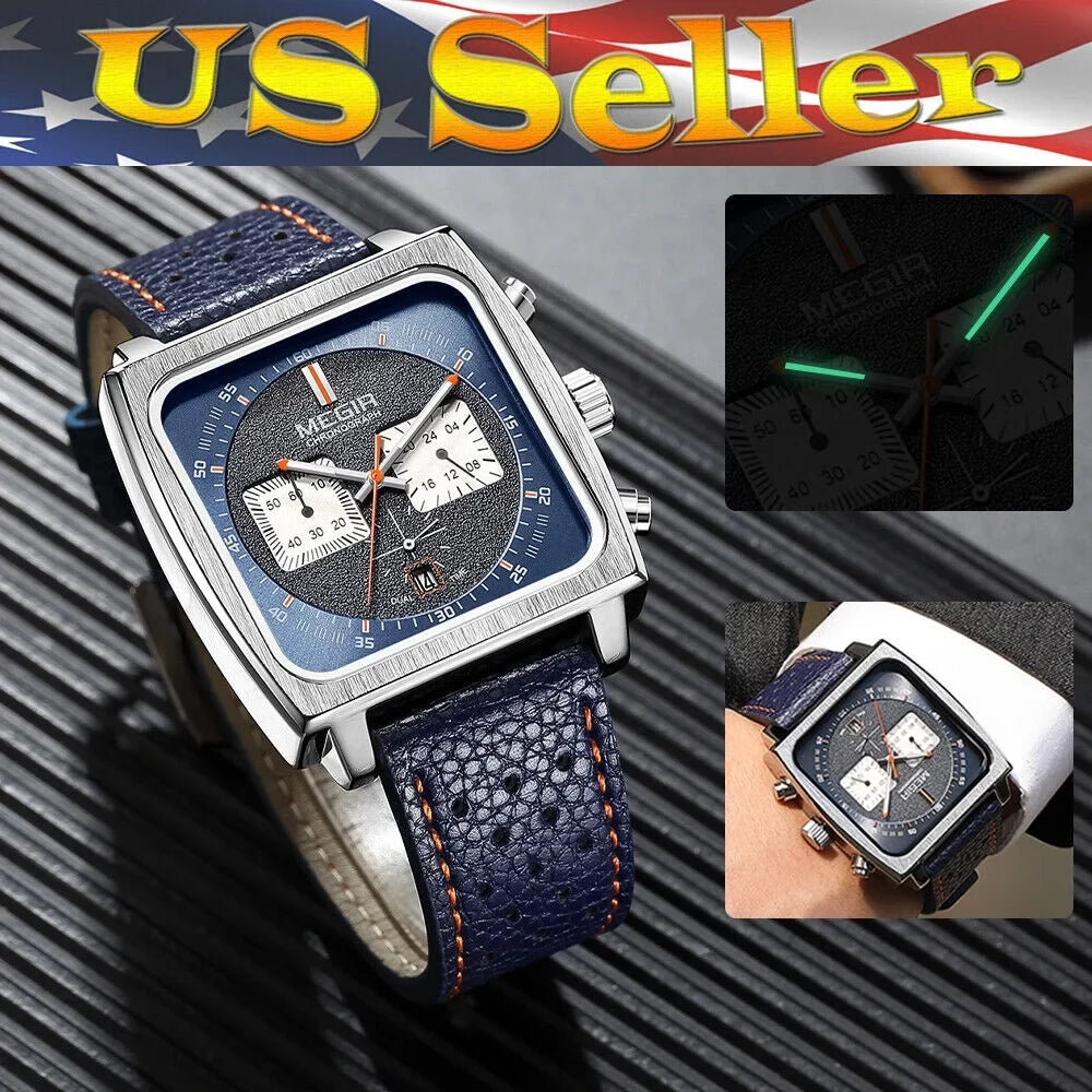 Square Quartz - KingFurt Date Waterproof Men's Watch - Leather Dial MEGIR Luminous, Display Blue Watch
