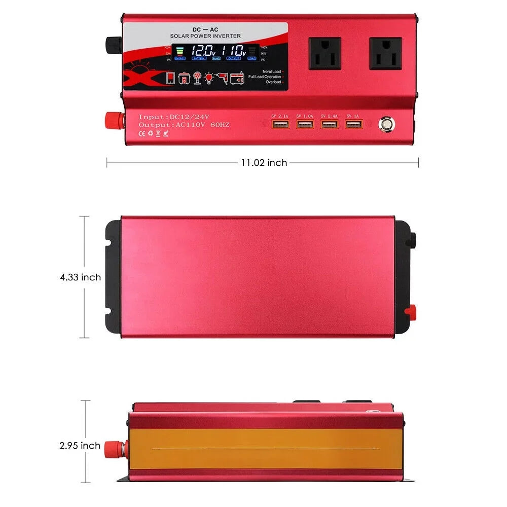 to 12V RV 110V Inverter Car Wave 6000W Power Converter LCD Pure AC DC Sine