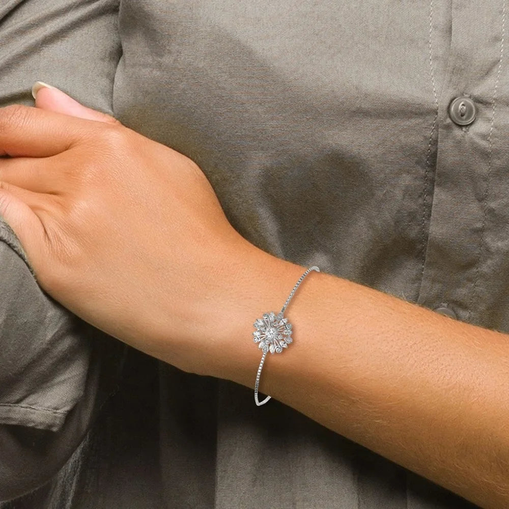 Rhodium-plated Floral CZ Women for 925 Auriga Adjustable Sterling Bolo Bracelet Silver