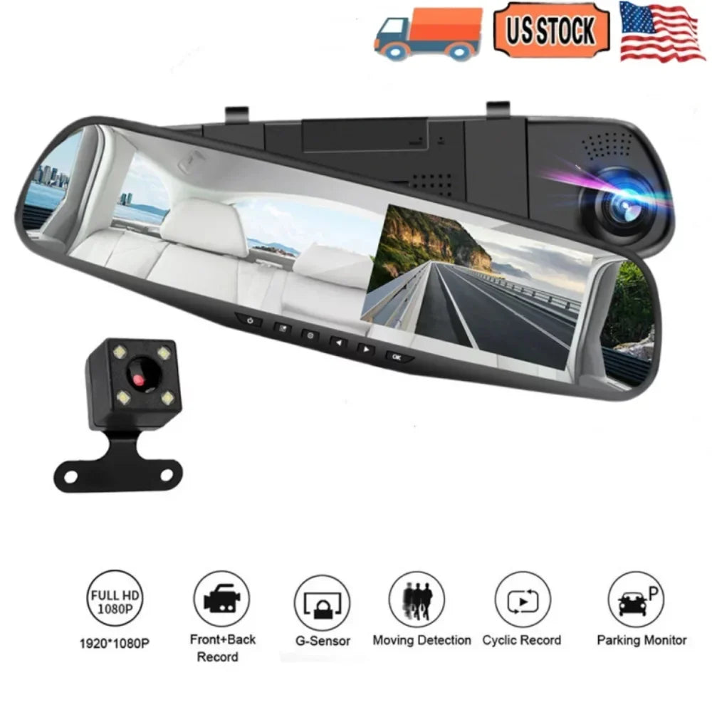 Cars Rear G-sensor, Camera 1080P 170°Wide Front Motion Lens Car Monitor, Angle Dash Vision, Cam Cam DVR Dual Parking Trucks, for Night Monitor, Car Rearview Mirror 4.3" Detection