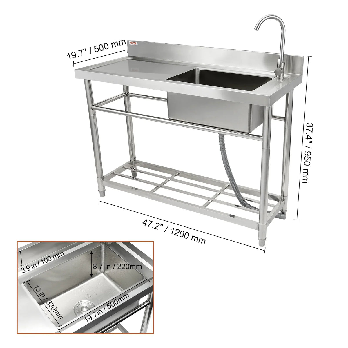 Single Commercial Prep 47.2x19.7x37.4 BENTISM Utility Bowl & in Sink w/Workbench