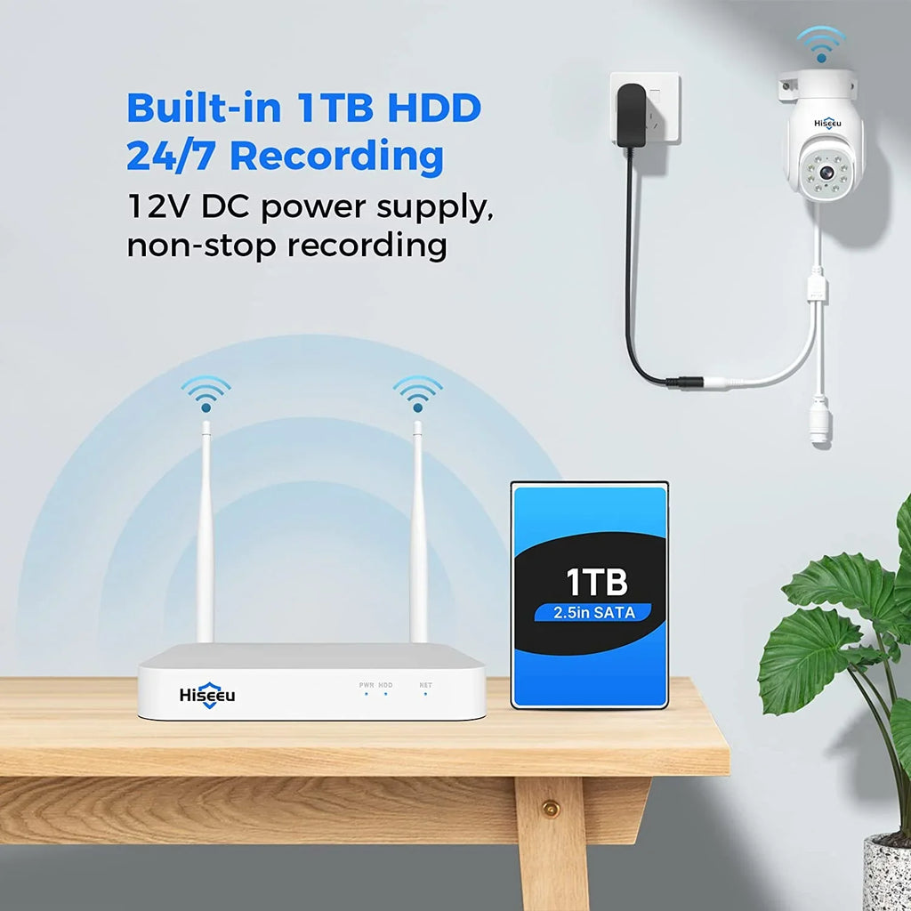 Alert, Cords,IP66 Hiseeu Hard WiFi Power 10CH Motion Track Camera PTZ Auto System,5MP,Expandable Plug&Play,24/7 NVR,1TB Drive,12V Security Record, Motion DC Waterproof,