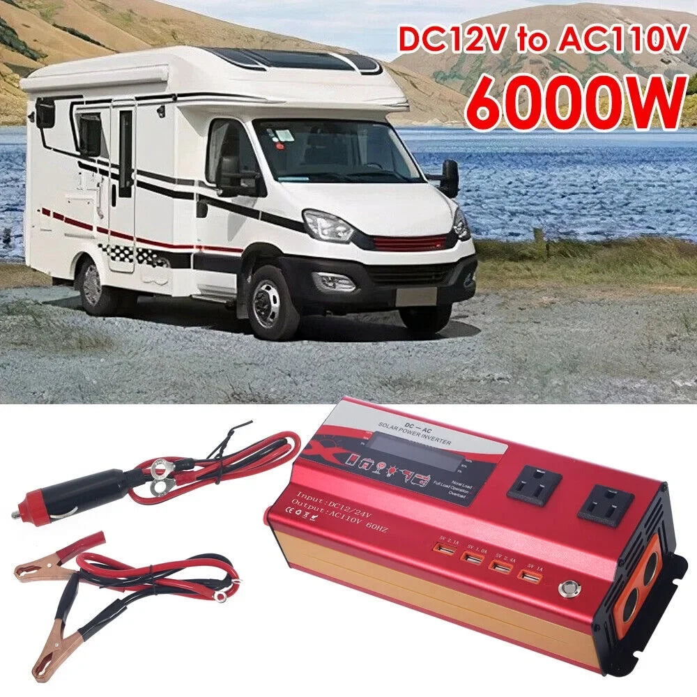 to 12V RV 110V Inverter Car Wave 6000W Power Converter LCD Pure AC DC Sine