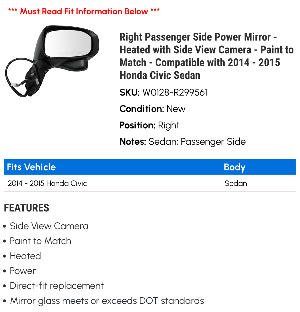 Power 2015 - with Honda Sedan Compatible Mirror Camera Match Civic - - Right Side View Passenger to Side 2014 with - Paint Heated