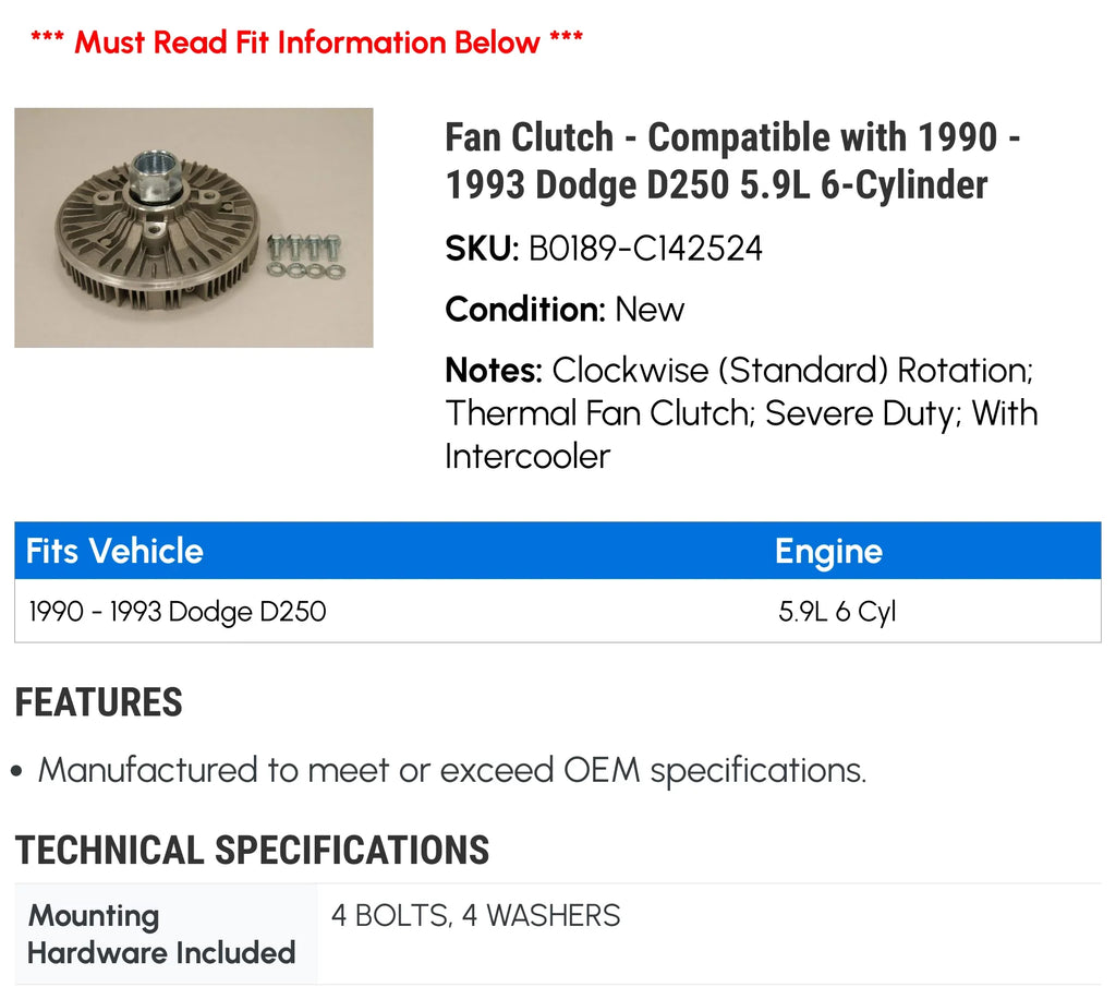 with Fan Clutch D250 Dodge 1992 6-Cylinder 1993 5.9L 1990 - 1991 Compatible -