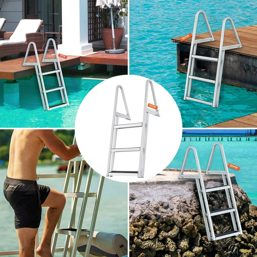 for & 4'' Marine Installation Access - Alloy lbs Dock Wide Simple Nonslip Boats, Lakes, VEVOR Removable Ladder 3-Step Steps, Aluminum 350 Pools with Capacity,
