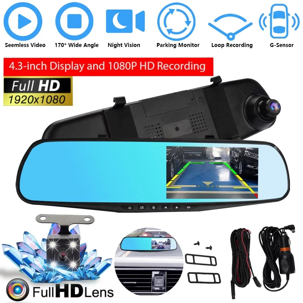 HD 4.3" Car NIFFPD Mirror Video Recorder Cam Dual Camera DVR，Dash Lens 1080P Rearview
