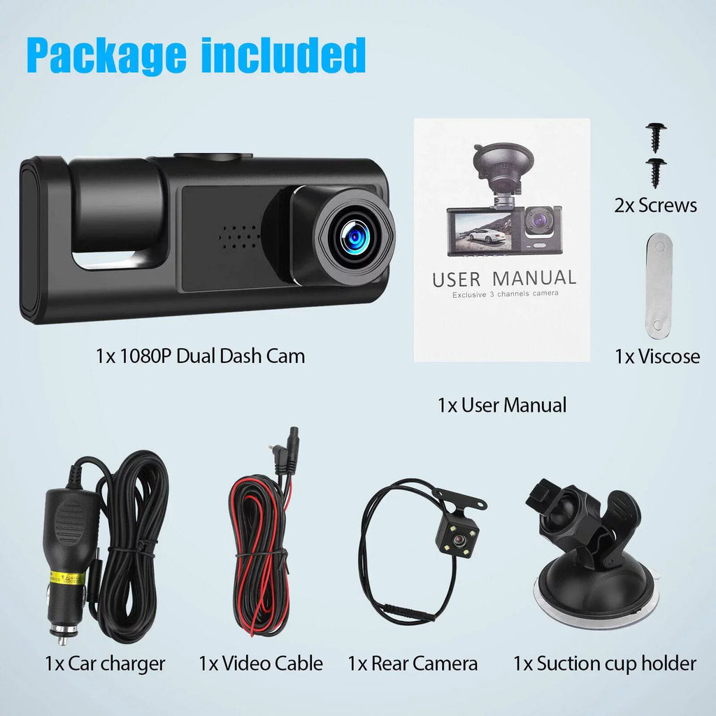 Cam Car G-sensor HD Dash Lens Recorder Dual Front/Rear/Inside Camera Video 1080P
