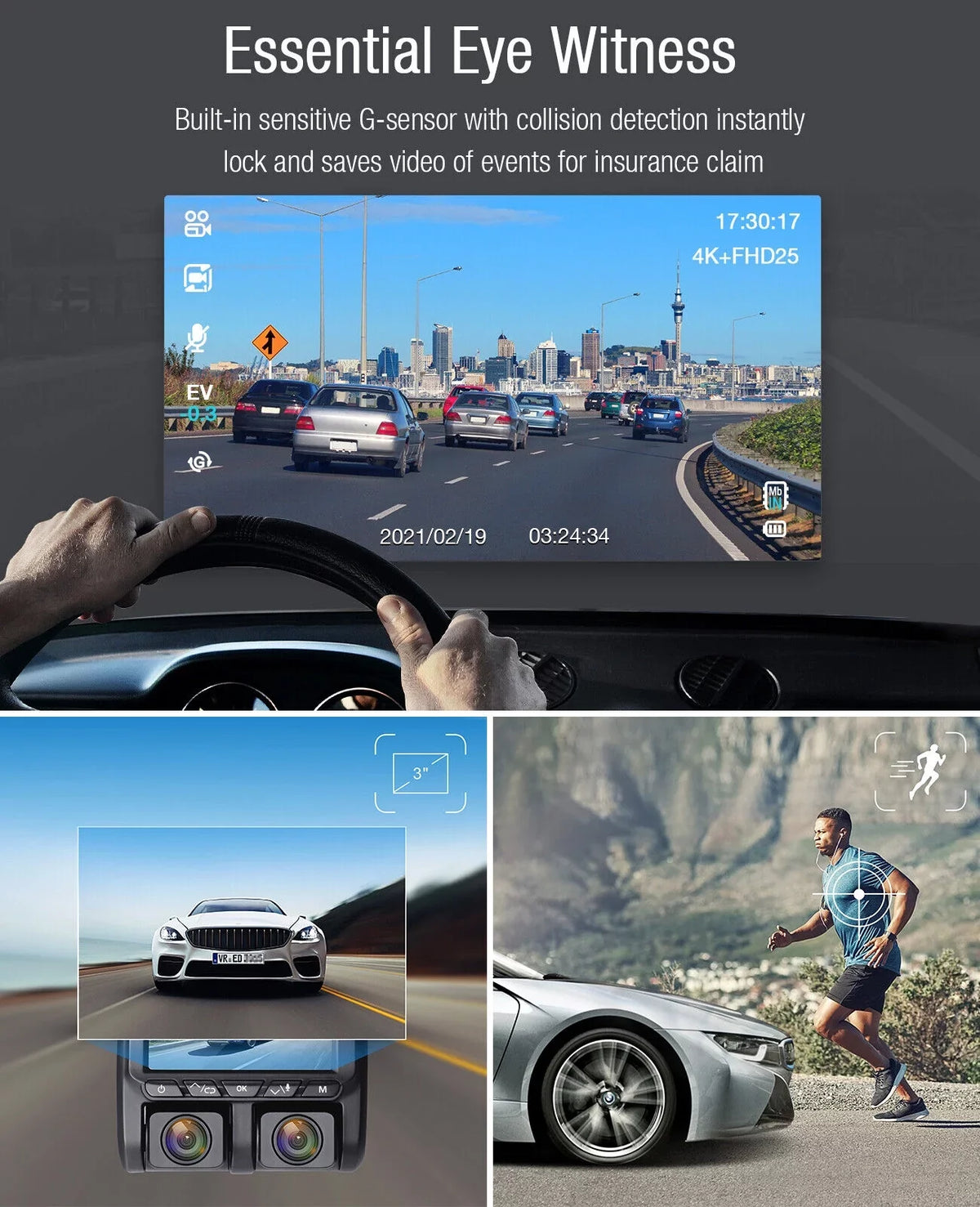 Recording Front 4K+1080P G-Sensor 4K Mode Inside TOGUARD 3" Car Cam and Loop LCD Camera Camera Dash Screen Dash Parking
