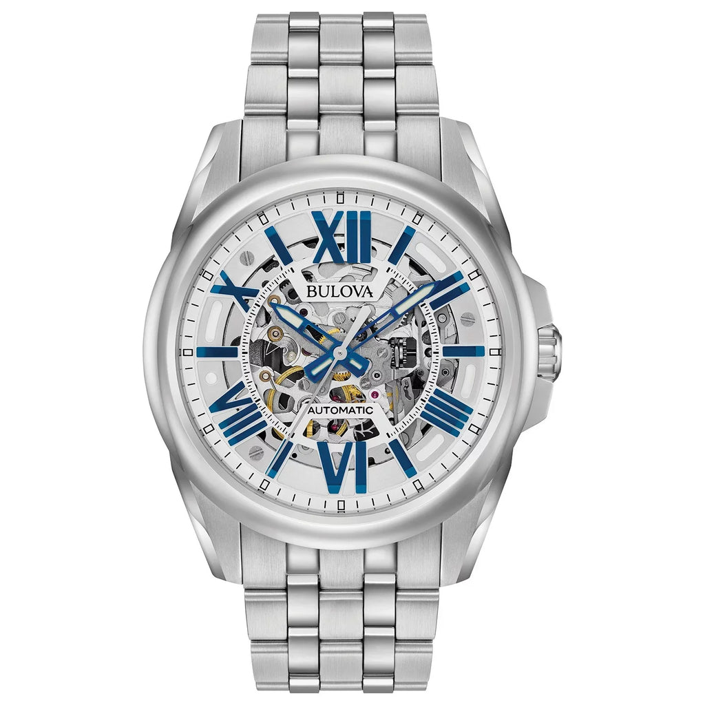 Dial Steel Watch Stainless Silver Men's Automatic Skeleton 96A187 Bulova Bracelet