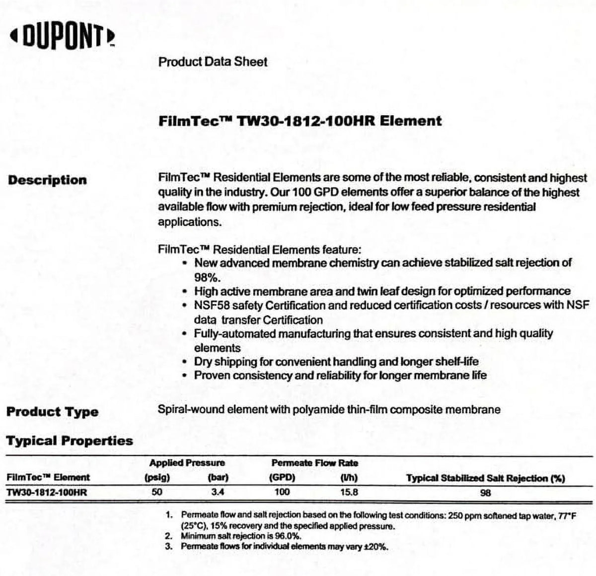 High Undersink System Membrane Osmosis TW30-1812-100HR (RO) 100 For TFC Rejection GPD Reverse