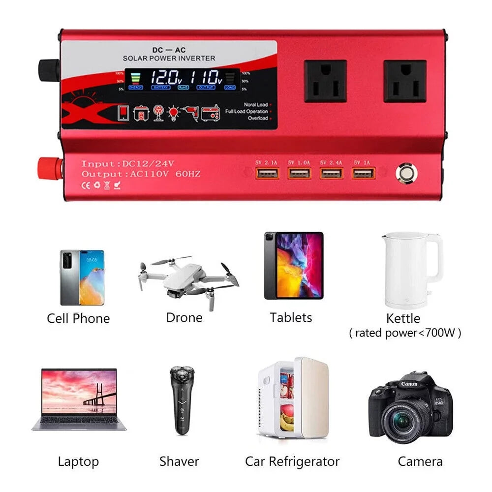 to 12V RV 110V Inverter Car Wave 6000W Power Converter LCD Pure AC DC Sine